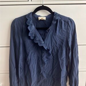 Sezane Blue Ruffled Bib Collar Long Sleeve Blouse